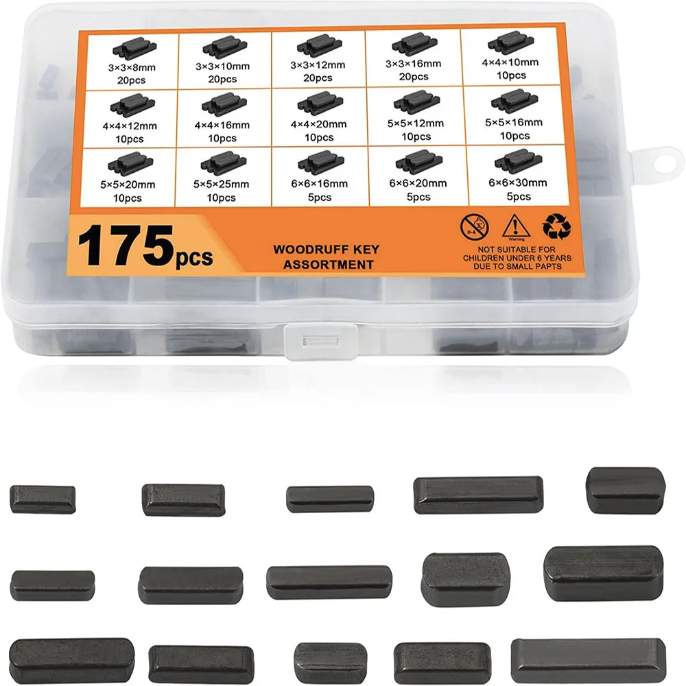 175pcs Woodruff Key Stock Assortment Stainless Steel Round Ended Feather Key with 15 Size, Parallel Drive Shaft Keys Set Kit