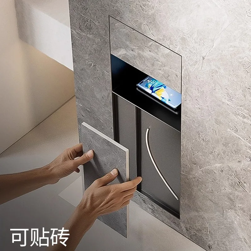 304 stainless steel bathroom embedded niche hidden trash can toilet brush storage with concealed tissue box