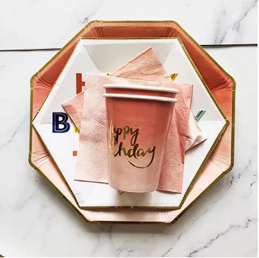 

Disposable paper plate Gold plate set hexagonal pink Happy Birthday letter paper plate