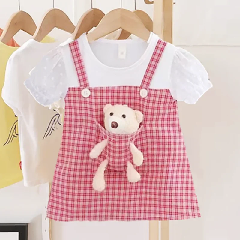

Elegant Princess Dress Baby Girl Dress With Bear in Pocket Plaid Toddler Outfit Short Sleeve Children Clothing 0-4Y A1160
