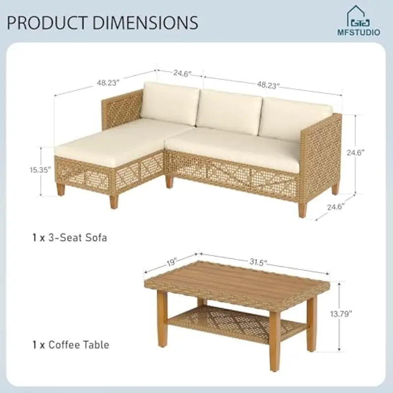 Compact L Shaped Rattan Outdoor Sectional with Beige Cushions Bohemian Style Woven Diamond Pattern Weatherproof Lounge Set Inclu