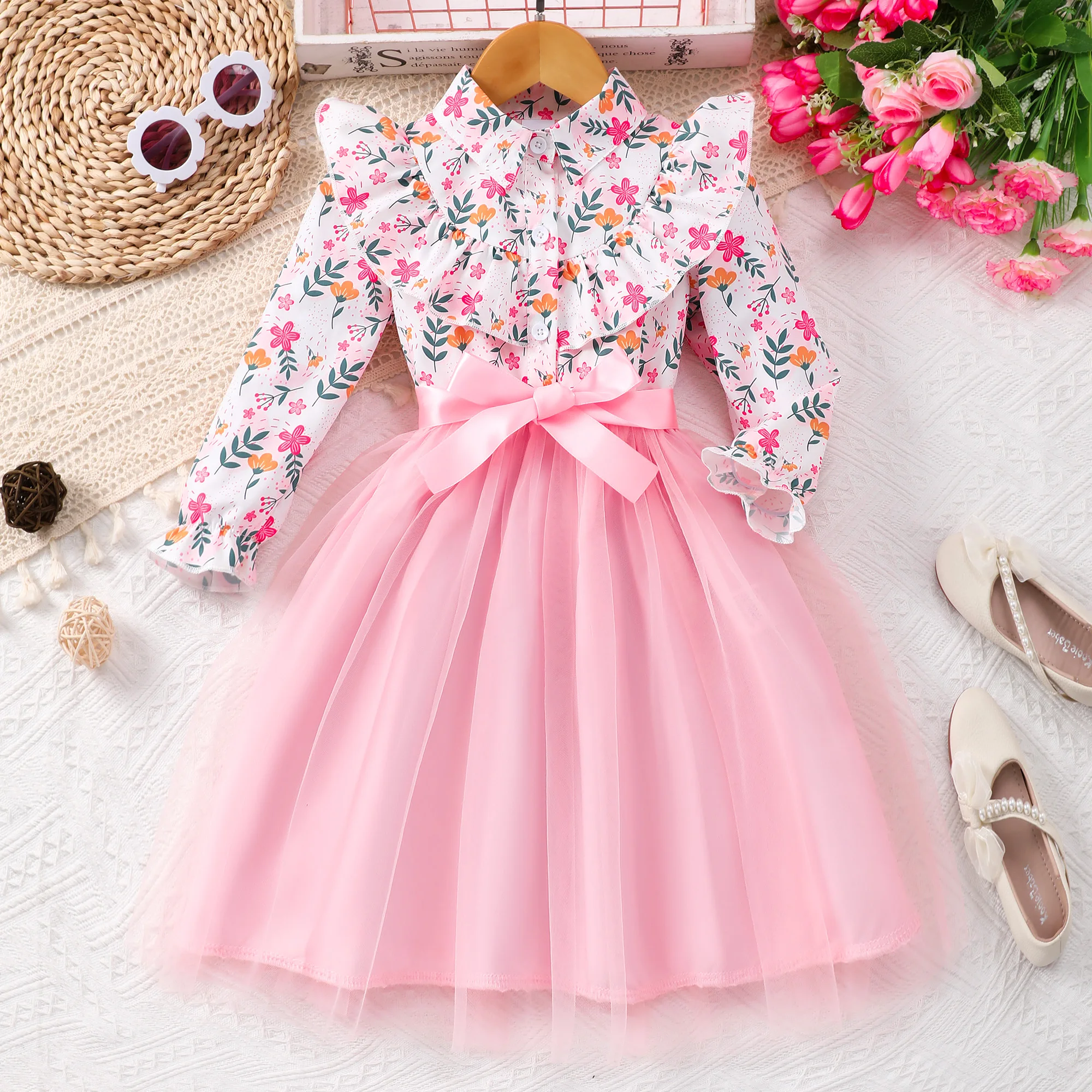 Long Sleeve Mesh Girls Stylish & Cute Ruffle Button Up Belted Dress for Fall & Winter Holiday, Outdoor Cloth with Floral Pattern