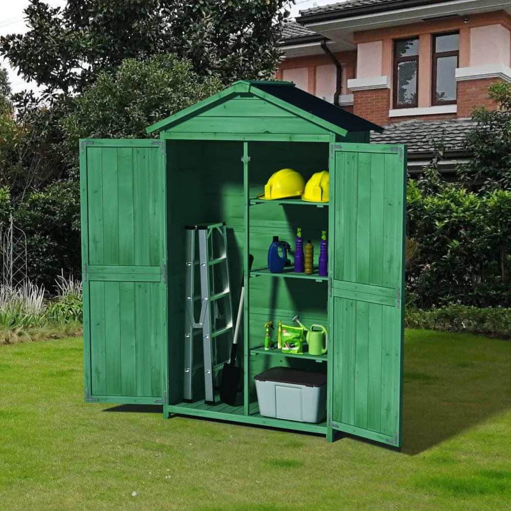 

Outdoor Wood Storage Shed, Garden Tool Cabinet with Waterproof Asphalt Roof, Double Doors, Multiple-tier Shelves, Sheds Storage