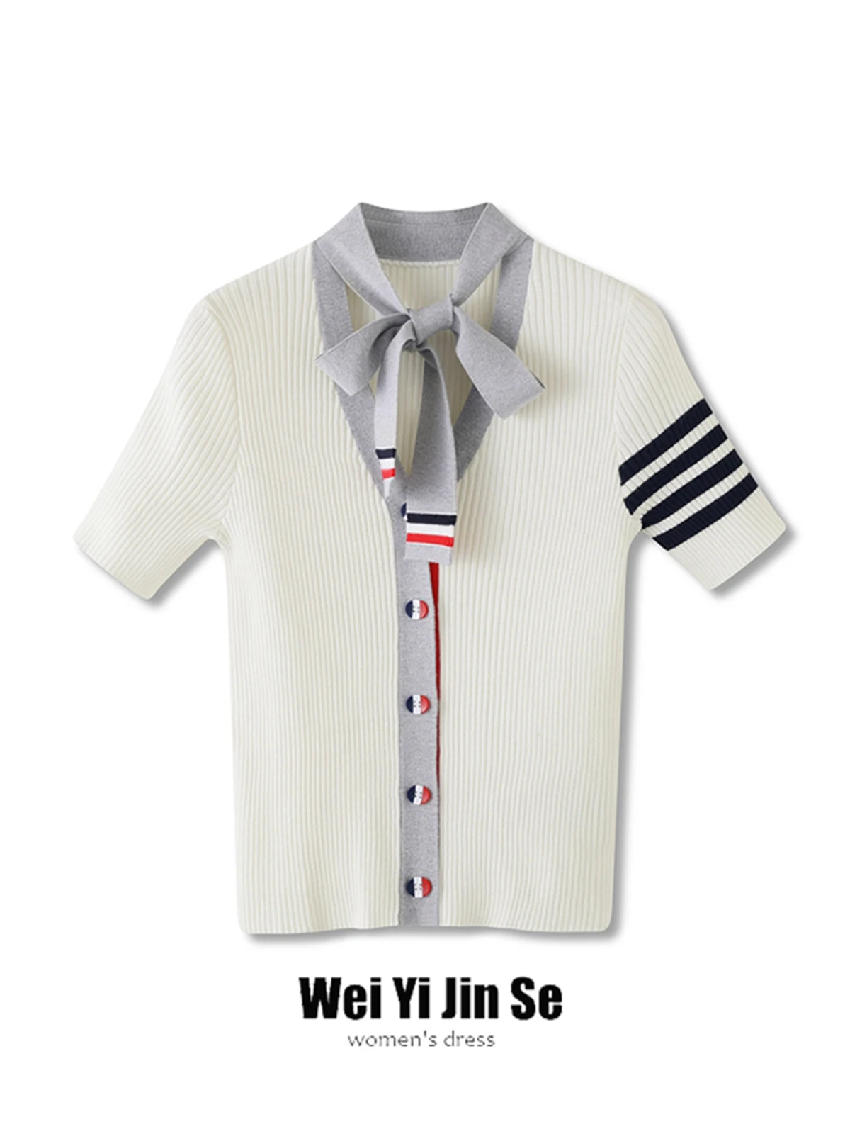 

Новинка лета 2025: Женский укороченный кардиган из твидового шелкового трикотажа с поясом, трехцветный, приталенный, в университетском стиле, с эффектом омоложения.