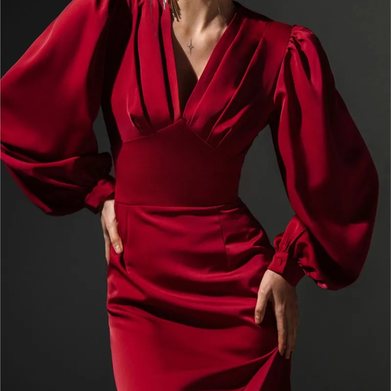 

Women's Long Sleeve Satin Party Dress European and American Style V-neck