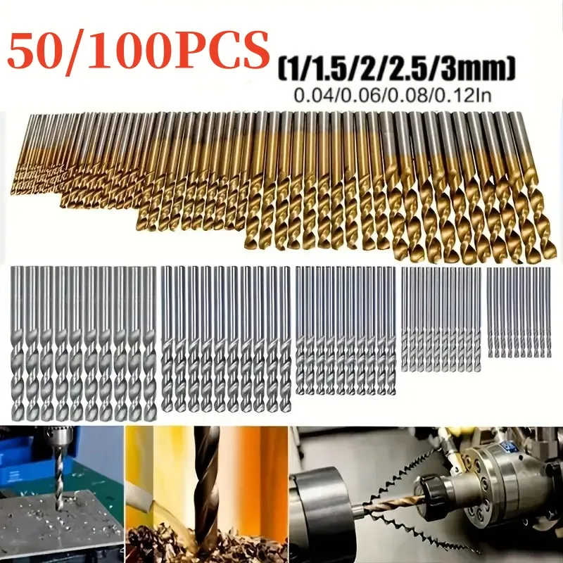 

50/100PCS 1.0-3.0mm Round Shank Twist Drill Bit Set HSS Titanium Plated Twist Drill Bits Straight Shank Drill Bits Electric Dril