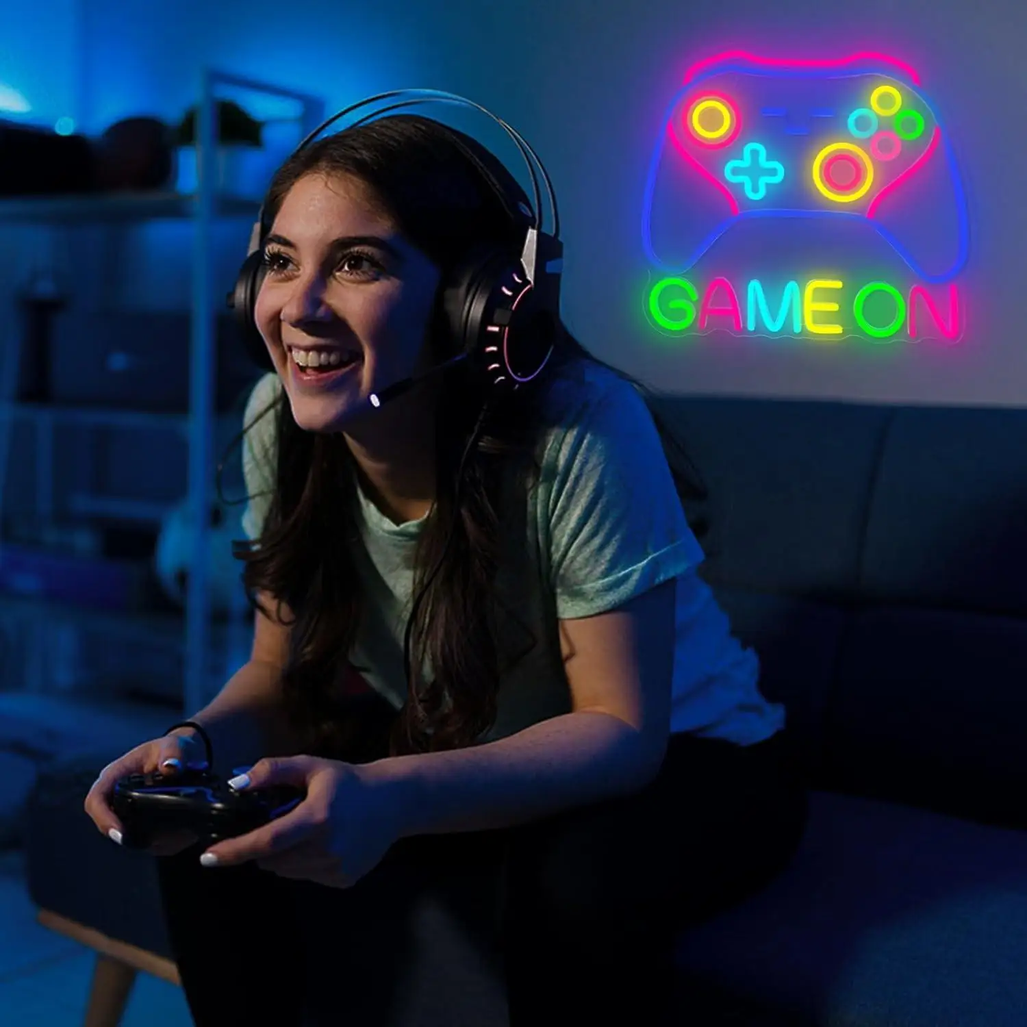 Gamer Neon Sign Colorful Gaming Controller Dimmable Gamepad Shaped Led Light Up Sign for Teens Boys Bedroom Men Caves Home Party