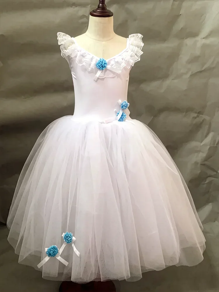 

New Girls White Romantic Dress with Blue Flowers Long Swan Lake High Quality Ballet Costume for Competition & Performance