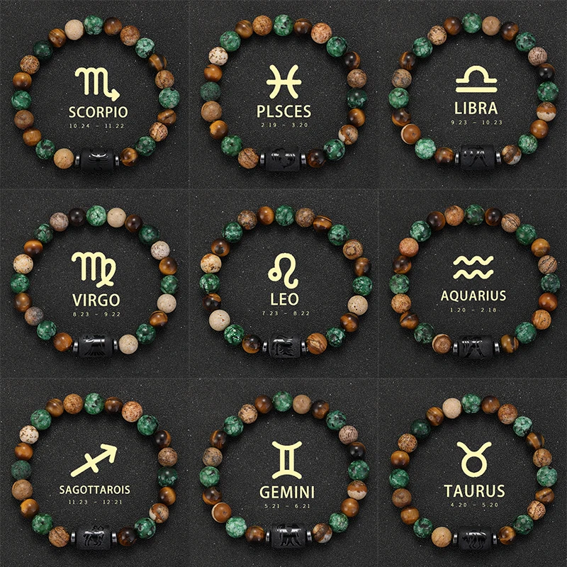 12 Zodiac Natural Stone Bracelet Aries Cancer Capricorn Gemini Taurus Pisces Bracelet Ladies Men Couple Friendship Jewellery