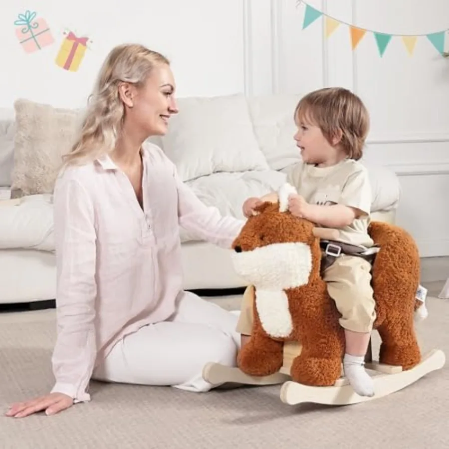 Koń na biegunach dla niemowląt, koń na biegunach w kształcie brązowo-czerwonego lisa z pasem bezpieczeństwa, pluszowy konik na biegunach dla dzieci, pluszowa zabawka na biegunach dla dzieci