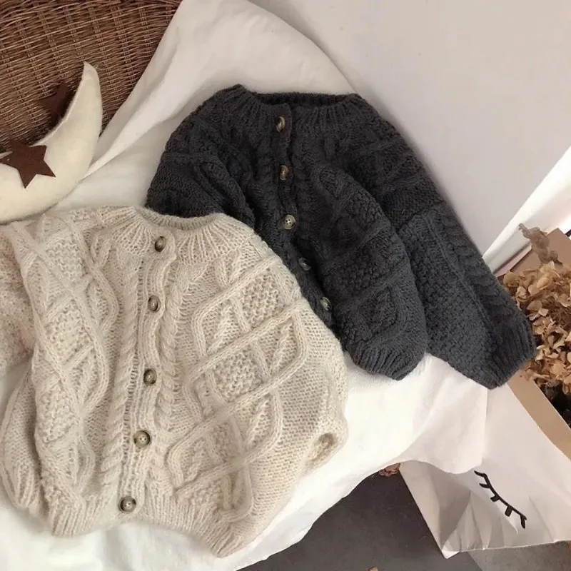 Pink Coffee Grey Oversized Loose Chunky Cardigans Jackets For Baby Boys Girls Korean Cotton Autumn Winter Knitted Sweaters Coats