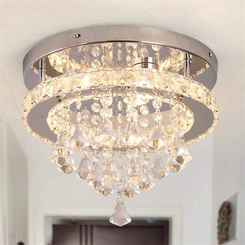 

Crystal Chandelier Chrome Ceiling Lamps Led Flush Mount Stainless Steel Fixture Aisle Light Lustre Dining Room Living Room Decor