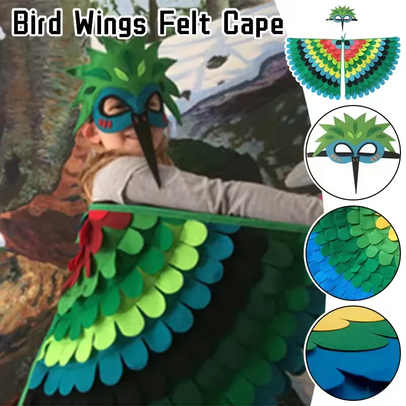 Kids Animal Bird Wings+mask Suit Stage Performance Peacock Owl Parrot Bird Felt Cape Halloween Bird Cosplay Cloak for Girls Boys
