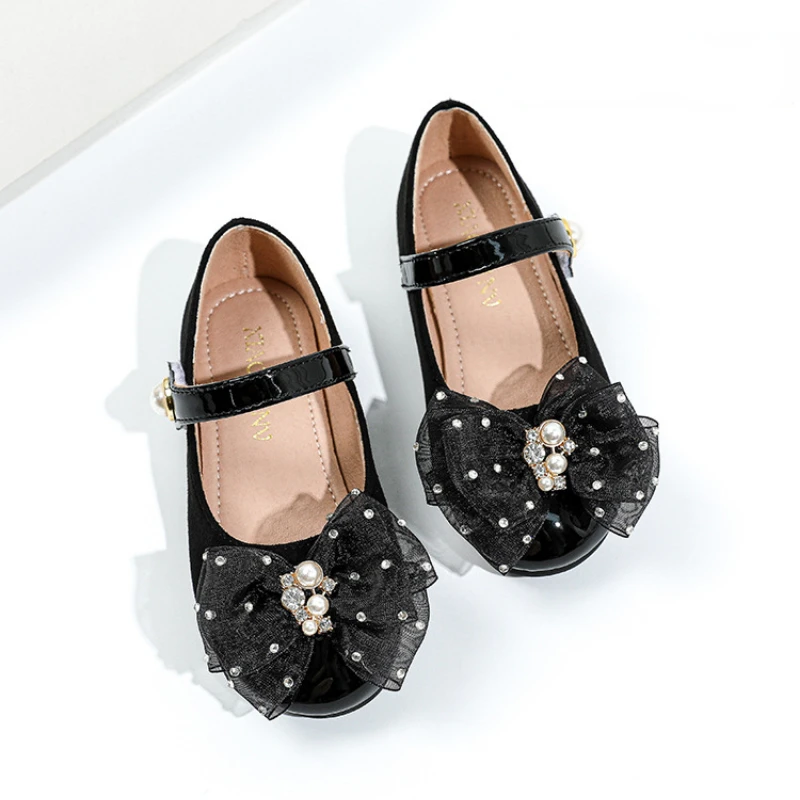

Toddlers Girls Black Shoes Children's Flats Leather Kids Dress Shoes Soft Princess Sweet with Lace Butterfly-knot Fashion Shoes