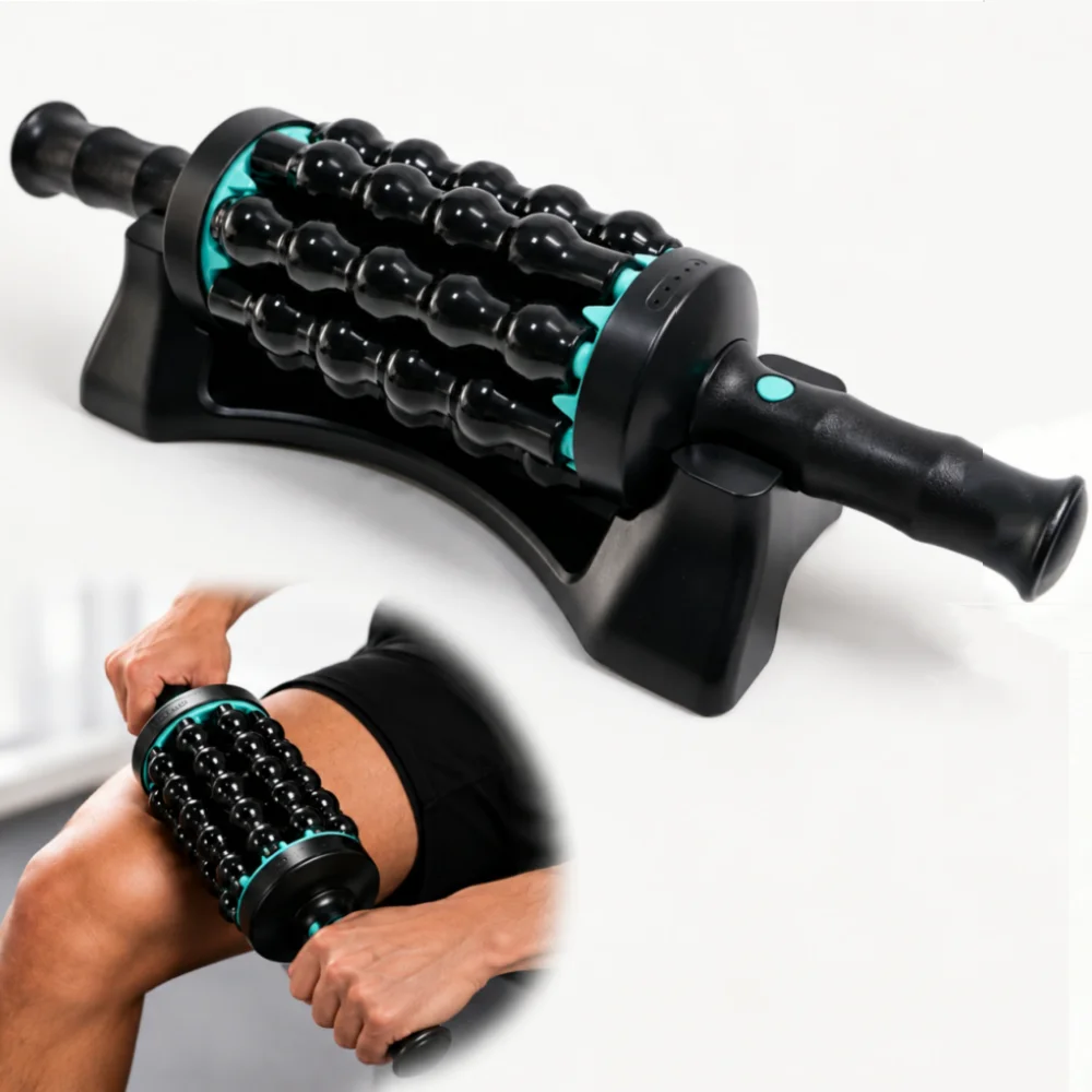 

Rechargeable Rolling Percussive Massager Deep Tissue Muscle 5-Speed Massaging Roller with Hands-Free Base for Back Leg Foot Calf