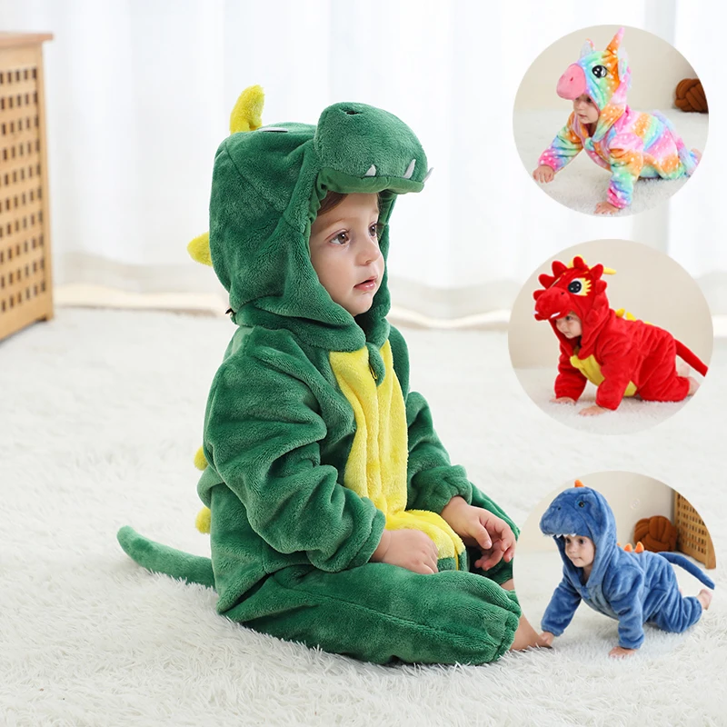 Nowonarodzone dzieci dinozaur Kigurumi piżama zimowy gruby kocyk dziecięcy Slppers maluch ubranka dla niemowląt z kapturem piżama w kształcie