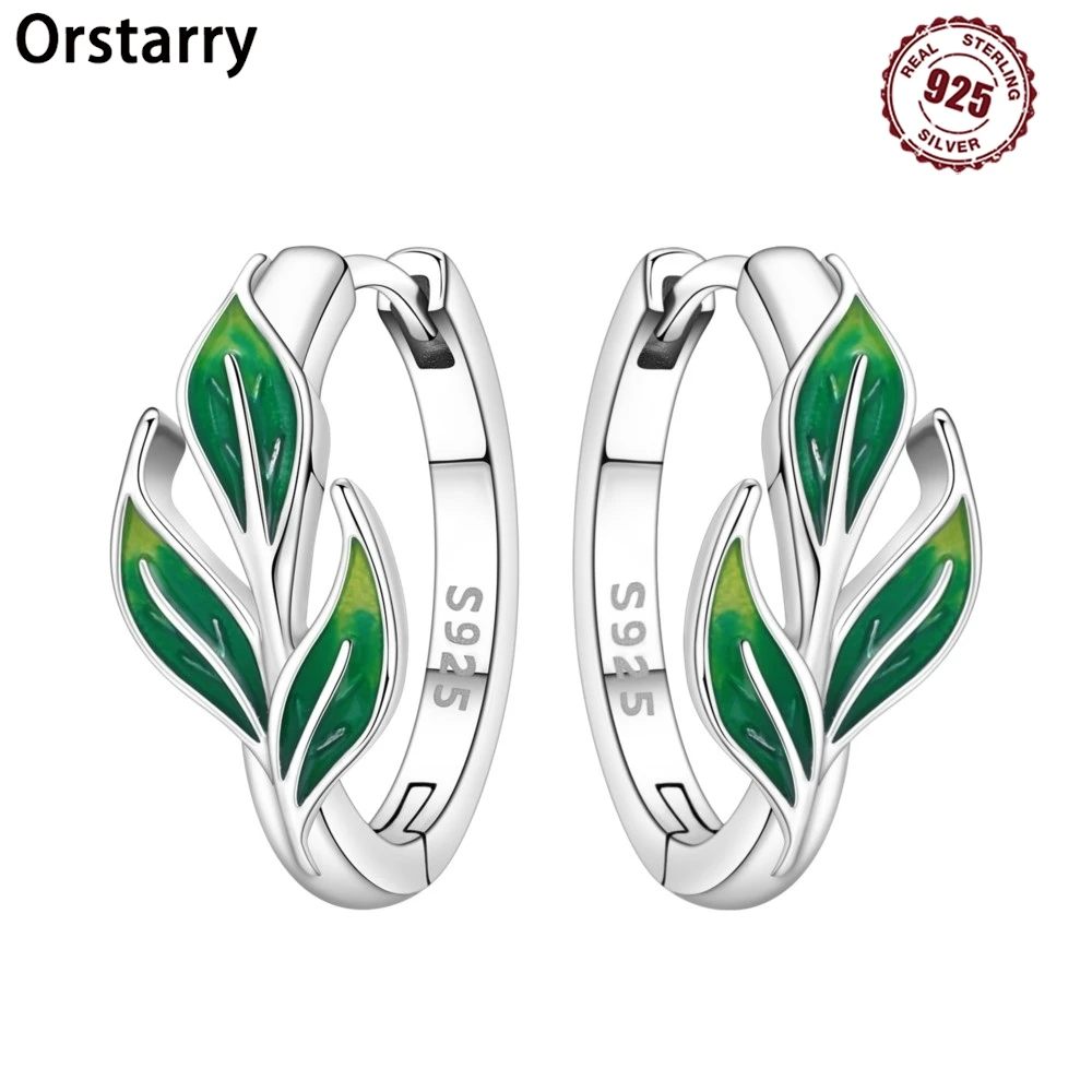 Orstarry Ohrringe aus 925er-Sterlingsilber, frische grüne Blattpflanzen, Silber-Creolen für Damen, Schmuck, originelle Party-Geschenke
