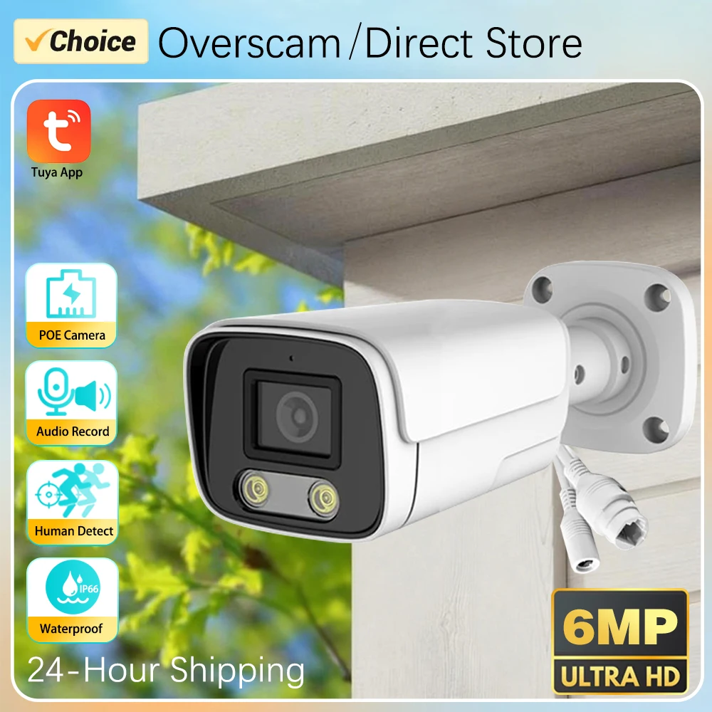 6MP Tuya IP Camera Outdoor POE Surveillance Two Way Audio CCTV Color Night Vision Camera For CCTV 8CH NVR System Smartlife Home