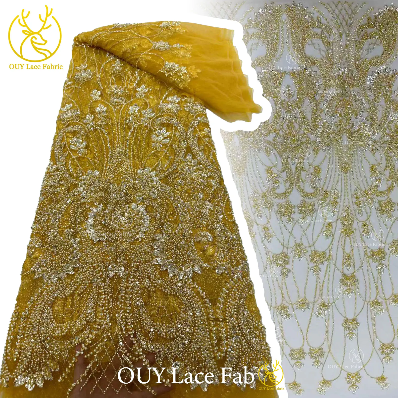 

2026 Elegant High-end African Nigerian Beaded Lace Fabric Luxury French Sequins Mesh 5 Yards For Women's Evening Dress Party