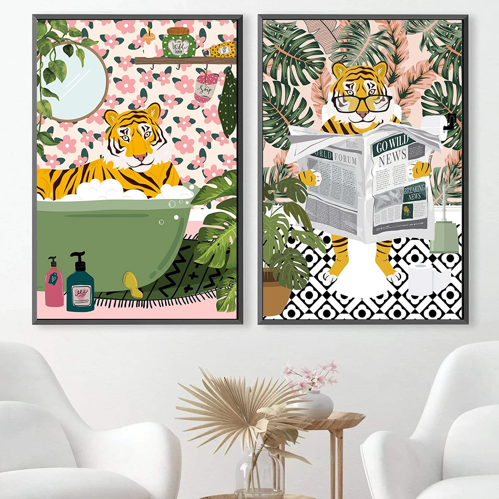 Tygrys w wannie nadruk roślinny plakat tropikalna dżungla ściana płótno artystyczne malowanie zwierząt czytanie gazety Safari toaleta Decor