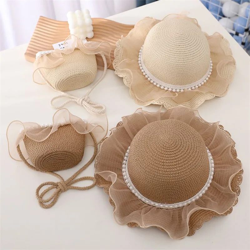 Fashion Baby Petal Brim Straw Woven Hat Sun Protection Lace Cap Kids Girls Princess Collapsible Beach Cute Infant Bucket Hats