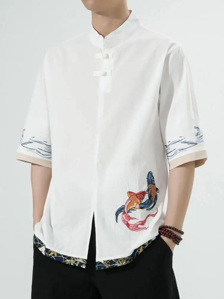 

Loose Linen Cotton ort Sve Men's irt Summer Breathable Thin Five-Button Hanfu Sle Casual Faionable Youth irt