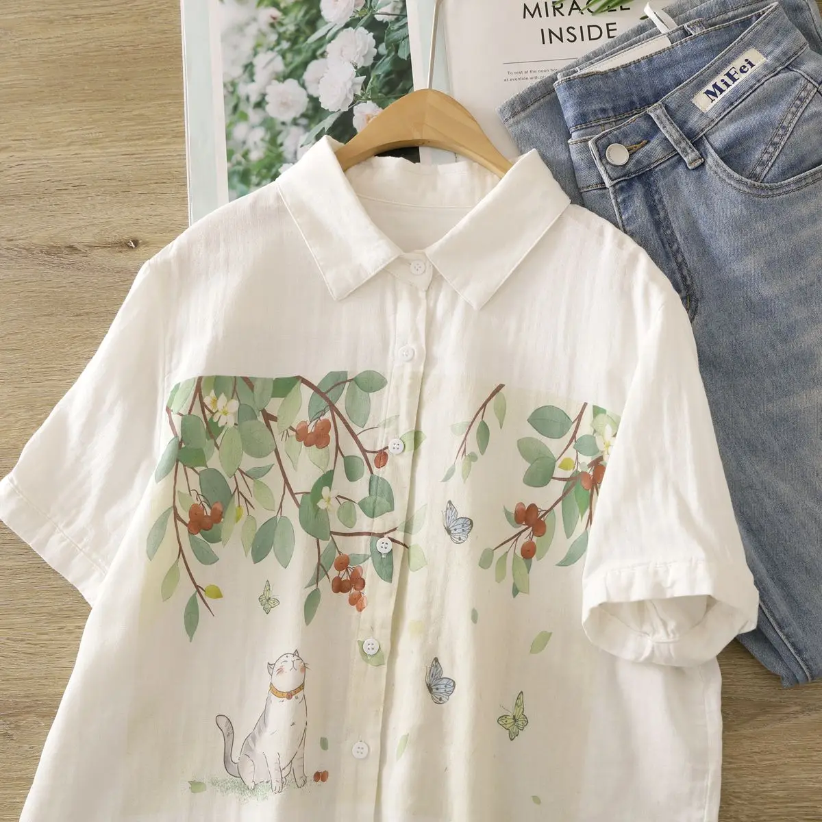 Small fresh and cute cat print lapel short-sleeved shirt for women 2024 summer new loose artistic top for women women clothing