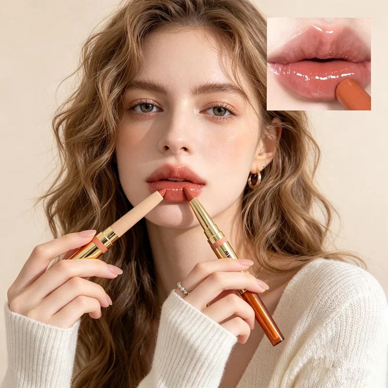 2‑in‑1 Lip Pen Matte & Glassy Lip Finish Long Lasting Lip Liner Lipstick Natural Stereo Lip Shaping Nude Daily Lip Makeup