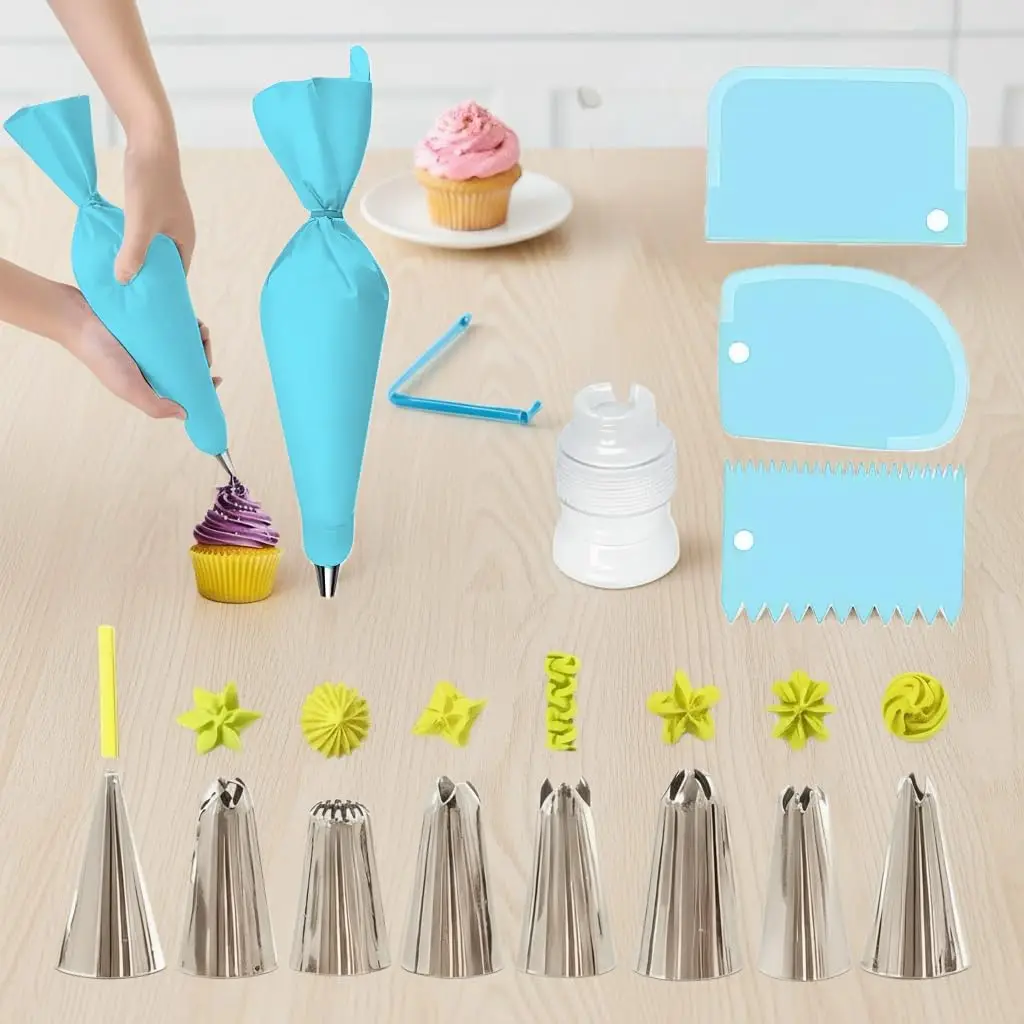 Piping Bags and Tips Set, 14 Pcs Cake Decorating Kit with 12.6 Inch Anti Burst Piping Bags with 8 Piping Tips, 3 Cake Scrapers,1