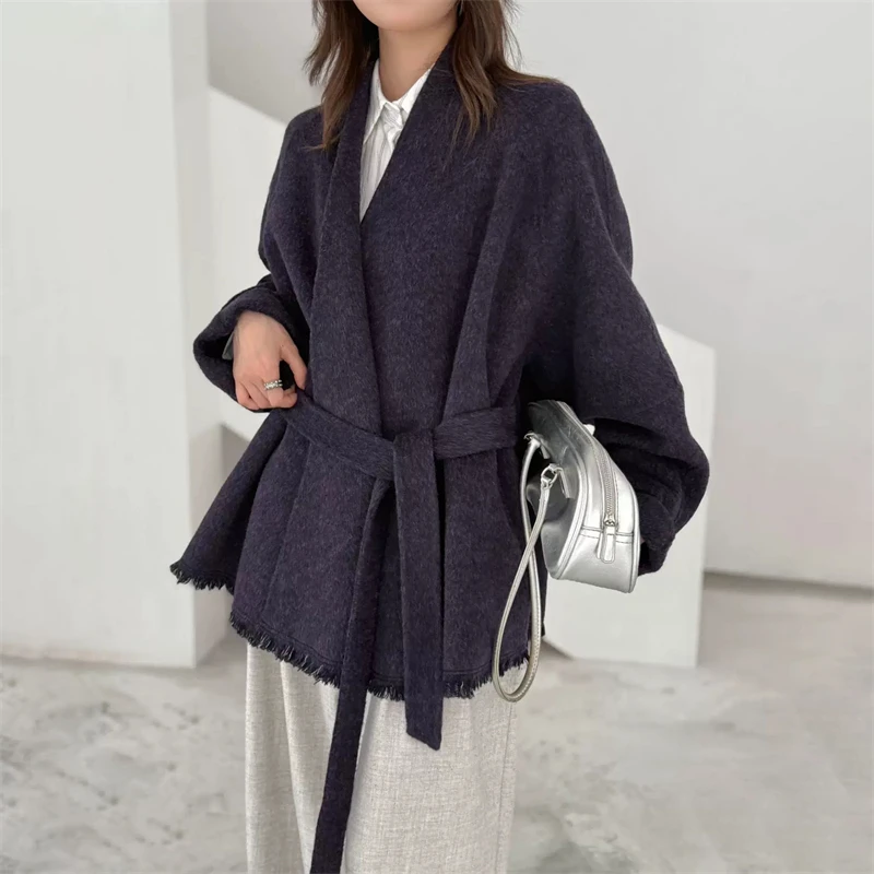 WomenFall Winter VNeck DoubleFace Wool CoatLoose BeltedWrap OvercoatTassel Edge Casual Warm Outerwear ForLadies Daily Streetwear