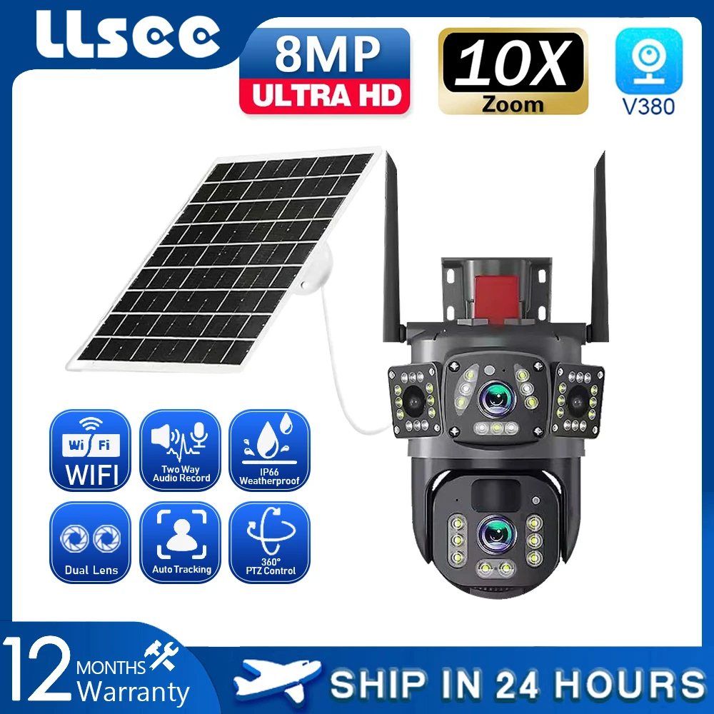 LLSEE V380,CCTV,Wireless WIFI solar closed-circuit television,4K dual lens,outdoor security network camera,4G sim solar camera