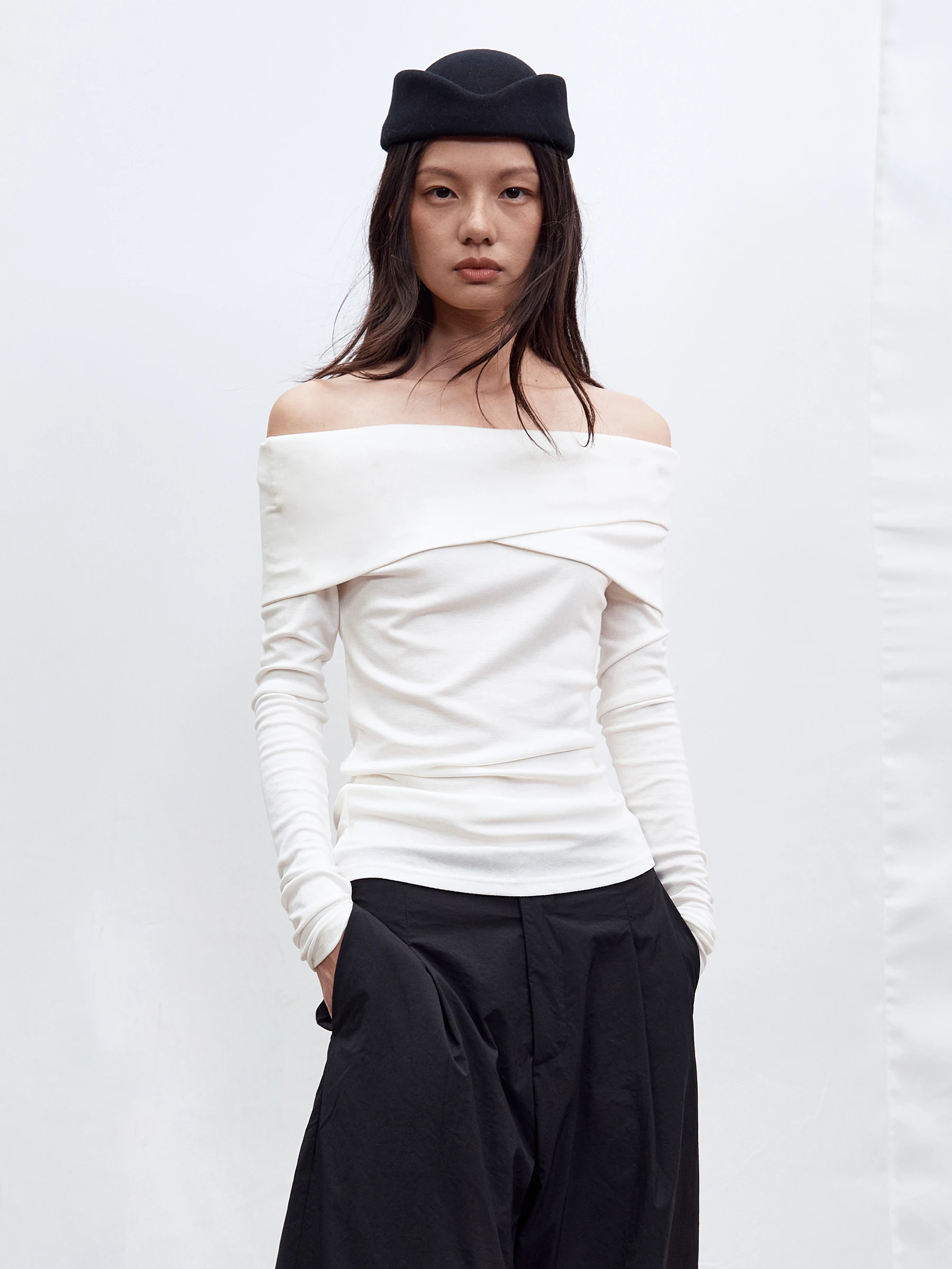 SHKUCO Beautiful Merino Wool Long Sleeve One-Shoulder Comfortable Slimming Top Elegant Style Ladies T-shirt for Autumn