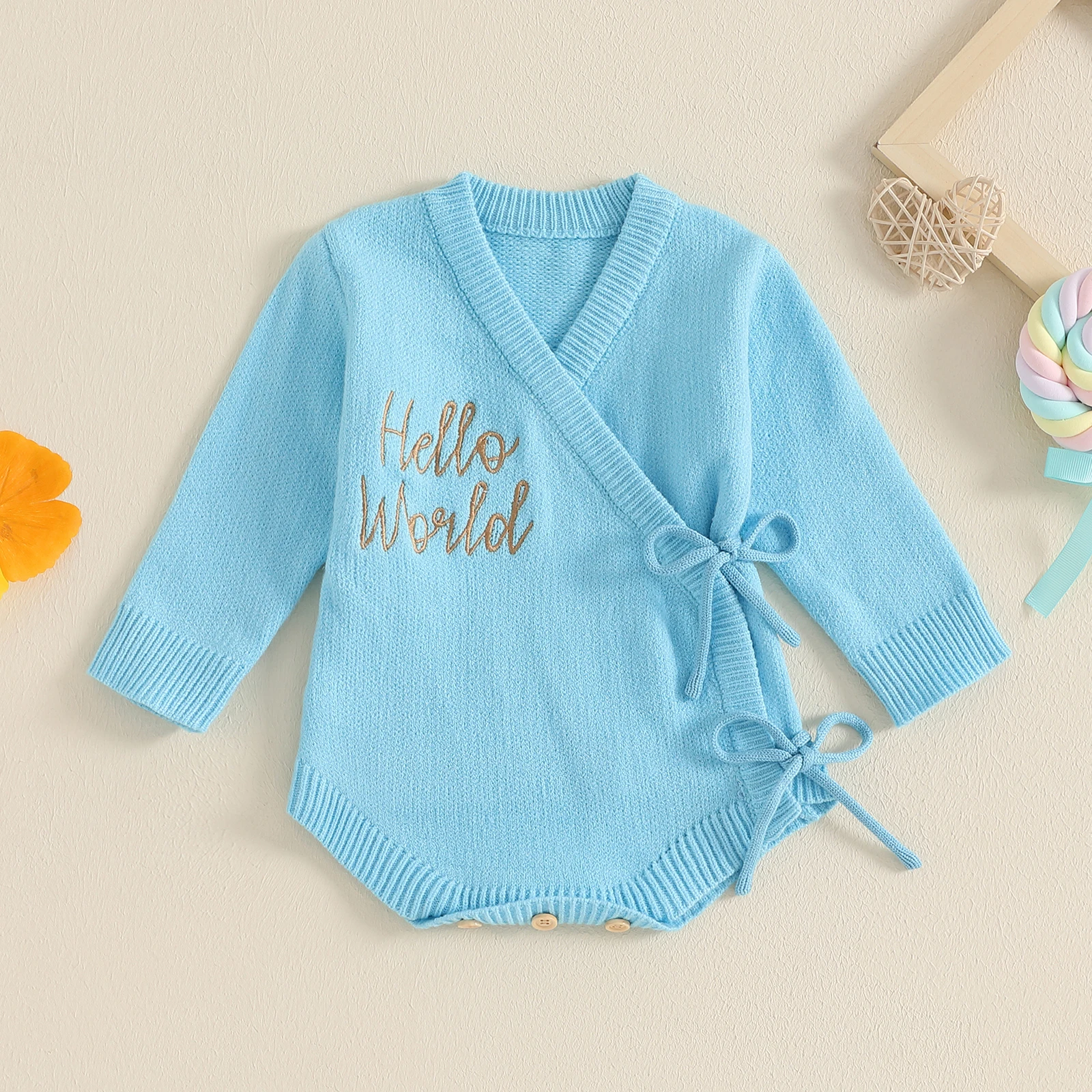 Newborn Baby Girls Boys Sweater Rompers Fall Winter Letter Embroidery V-Neck Long Sleeve Side Tie-Up Jumpsuits for Toddlers