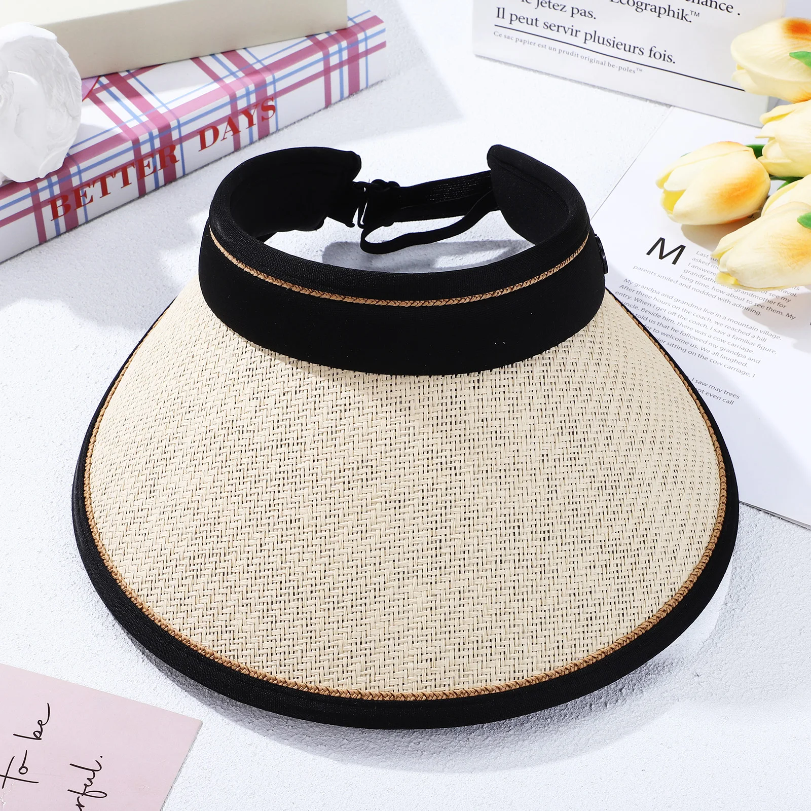 

Wide Brim Foldable Straw Hat Sun Visor Summer Beach Cap Empty Top Moisture Wicking Straw Sun Hat Visor Hats for Women