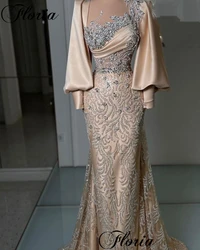 Middle East Champagne Evening Dresses Muslim Long Sleeves Formal Occasion Dresses Crystals Wedding Guests Dress Robes De Soirée