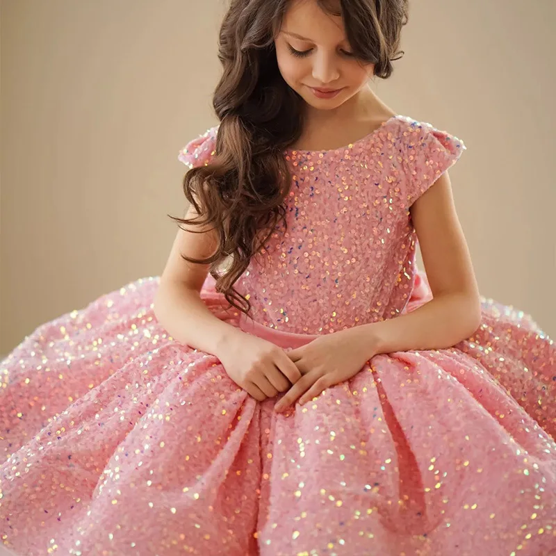 Flower Girls Sequin Velvet Dress Bridesmaid Sparkle Formal Wedding Party Birthday Kids Pageant Princess Prom Ball Gown
