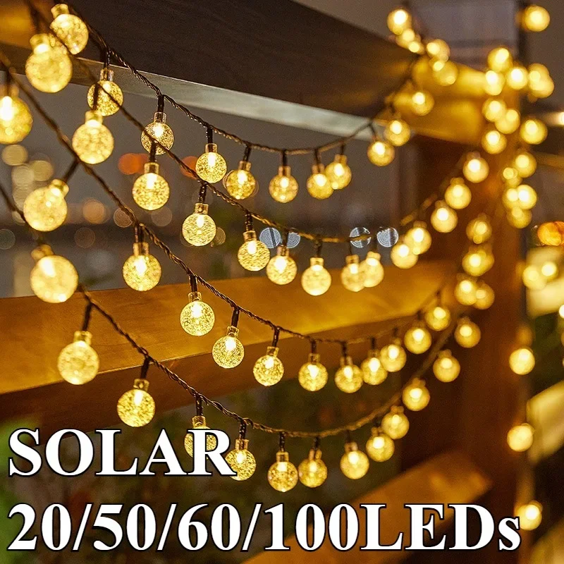 

20-100 светодиодных солнечных хрустальных шаров, водонепроницаемая уличная сказочная гирлянда для рождественского венка, сада, декора для вечеринки на террасе