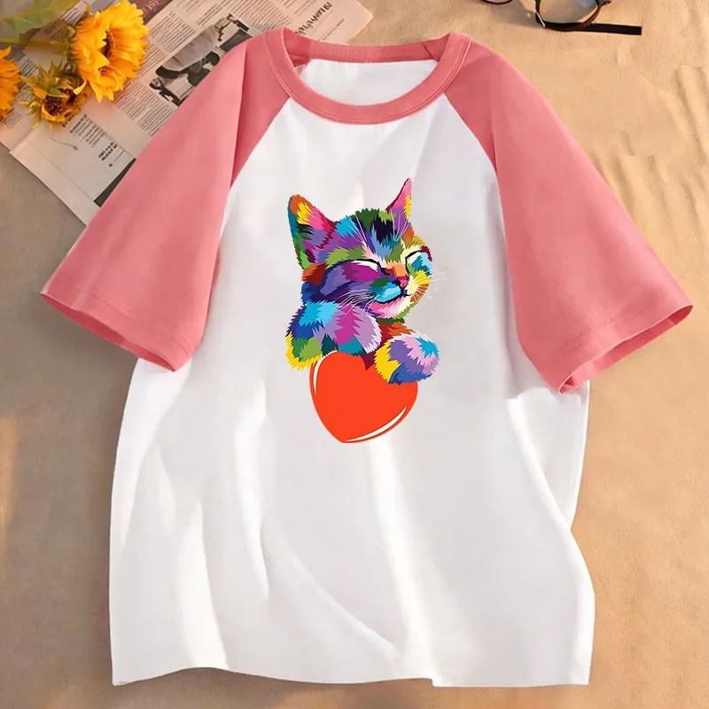 90er-Jahre-T-Shirts mit buntem Katzen- und Liebesmotiv, Manga-T-Shirt für Kinder, Jungen und Mädchen, Sommer, Frühling, lässiges Top-T-Shirt