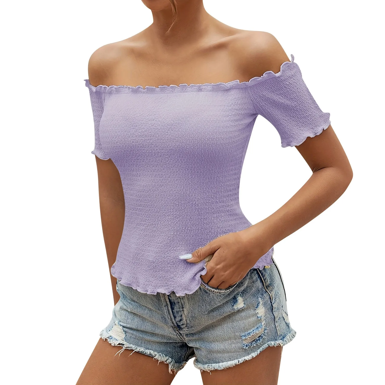 ワンピースの女性用クロップトップ,ボートネック,半袖,スリムフィット,テクスチャ生地,クラシック,シンプル,無地,ファッショナブル