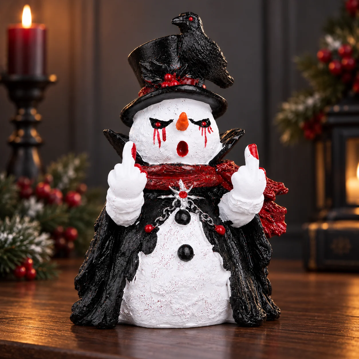 Hodao Gothic Christmas Snowman Figurine, Cute Funny Resin Statue with Black Raven, Top Hat Red Scarf and Cloak, Collectible Halloween Tabletop Decor for Shelf Mantel Office Desk Entryway Bedroom, Winter Holiday Party Display, Novelty Birthday Gifts