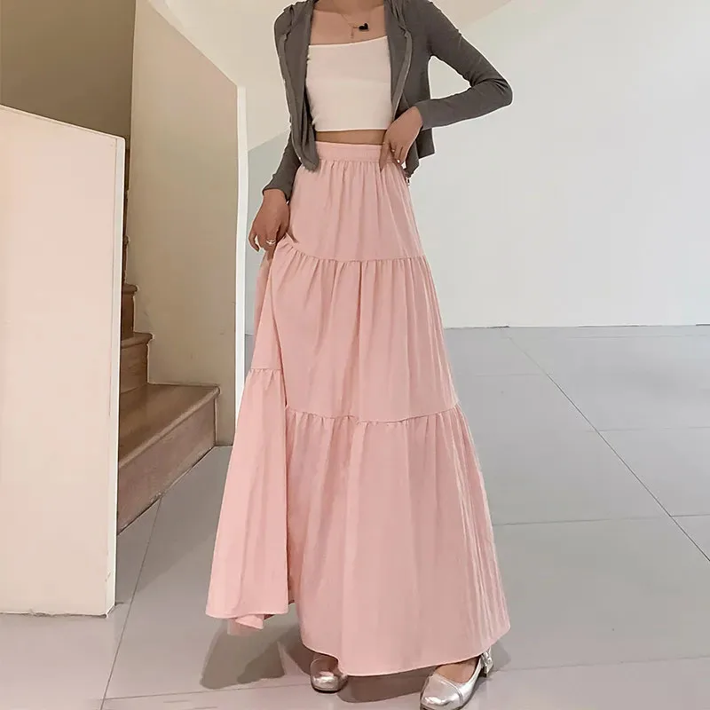 Lucyever Women Pink Pleated Skirts Korean Style High Waist Long Skirt Woman Solid Color Beach Vacation A-Line Skirt De Mujer