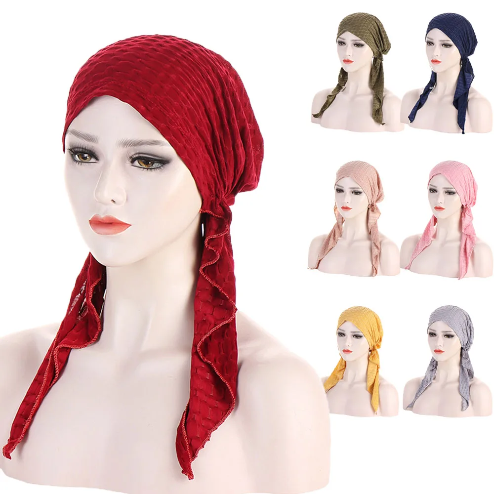 

New Pre-Tied Muslim Inner Hijab Turban Women Cap Long Tail Beanies Hair Loss Bonnet Head Scarf Femme Stretch Head Wrap Hat Cover