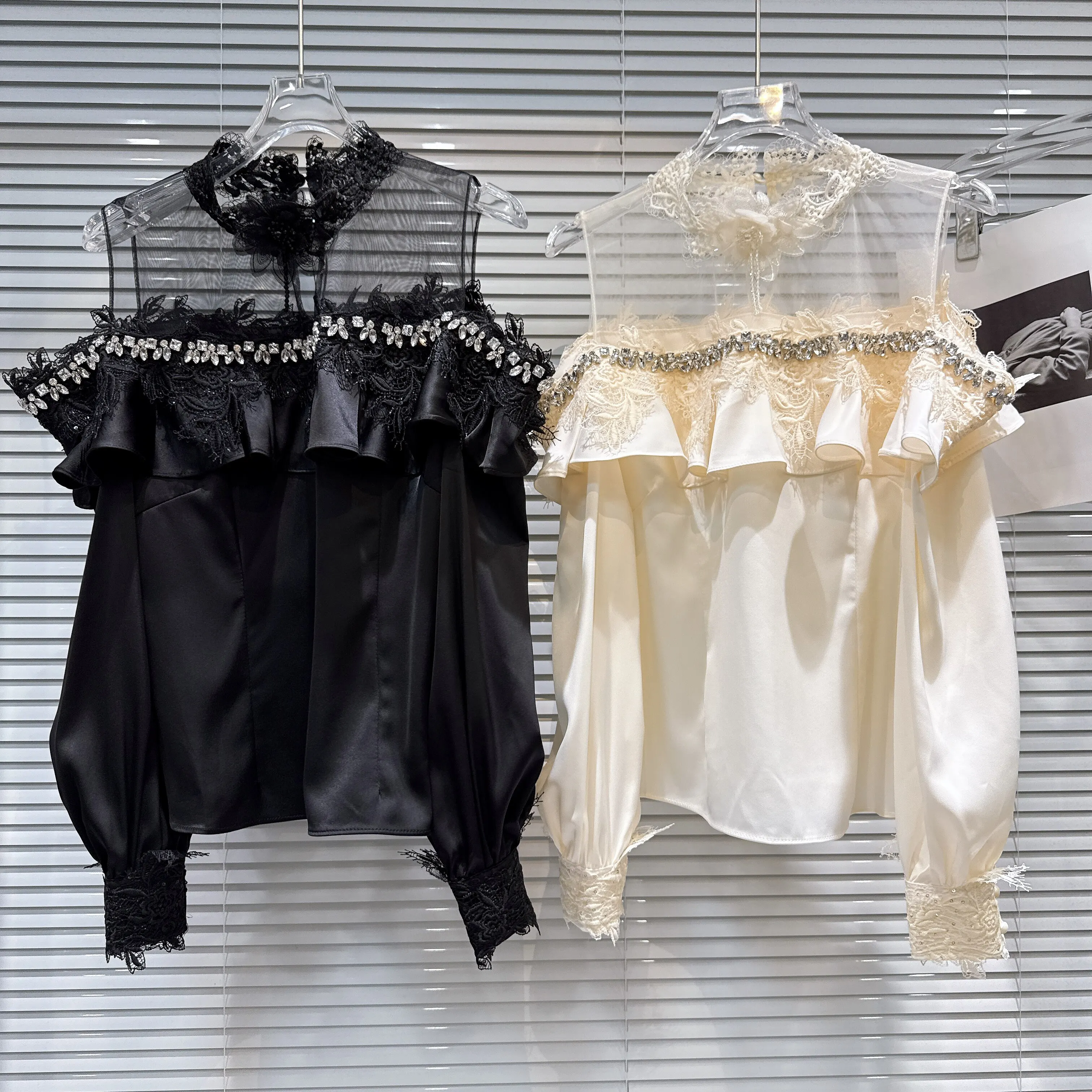 

2026 Spring New French Sweet Rhinestone Trim Mesh Patchwork Satin Long Sleeve Chiffon Blouse , Women's Off-Shoulder Top