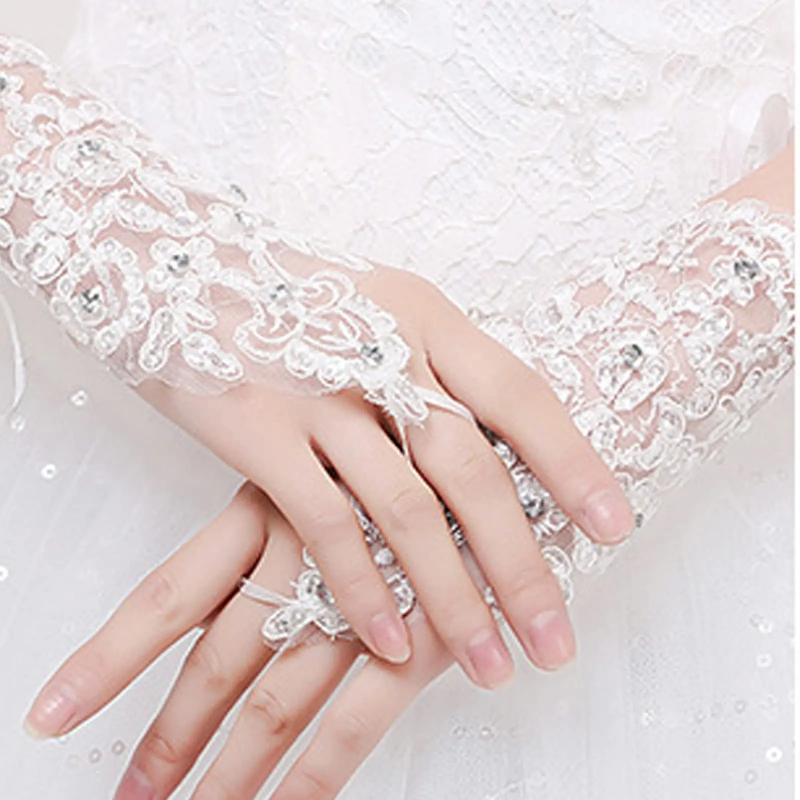 Gathered Rhinestone Lace Sequins Satin Bridal Party Gloves Driving Wedding Gloves