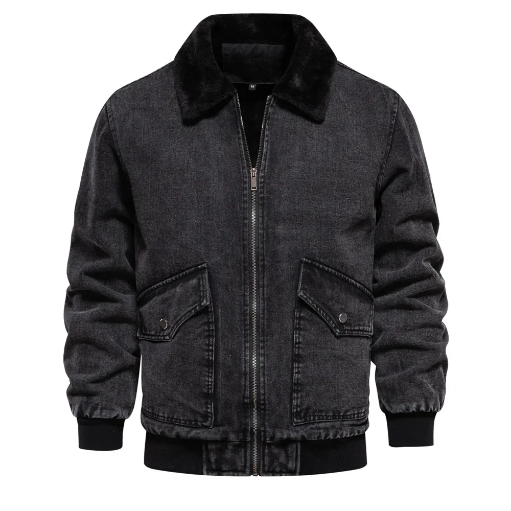 European and American Trendy Youth's New Pure - Color Washed Lapel Fleece - Lined Denim Jacket for Autumn and Winter S-XXL