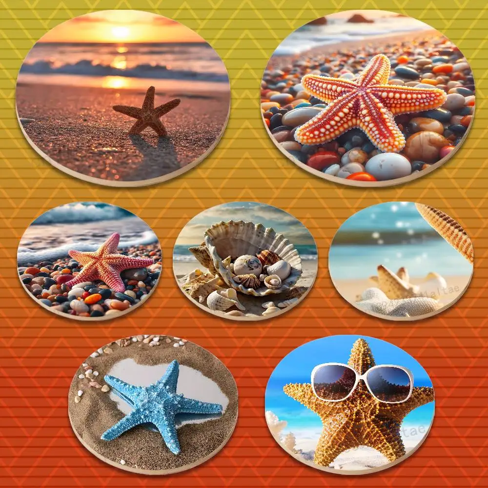 

Sunset Beach Shells Starfish Multifunctional Coasters Round Wooden Heat Resistant Non-Slip Home Decor Gift