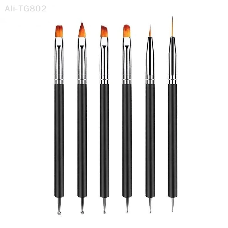 6Pcs Dual-ended Nail Art Brush Set Black Handle Multi-type Tips For Liner UV Gel Painting Carving Manicure Tools Professional