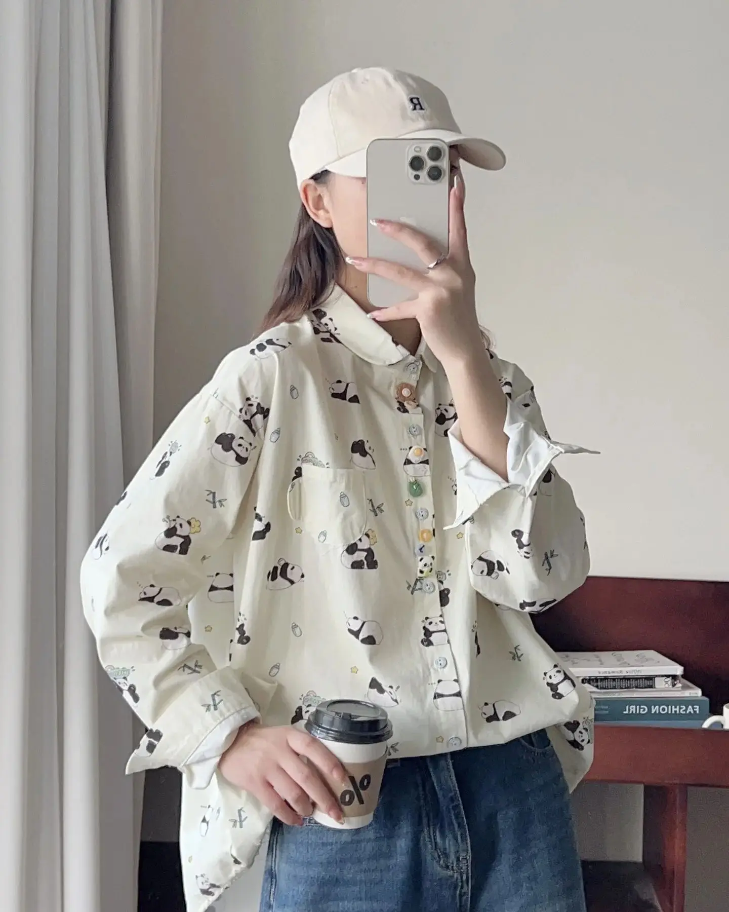 New Autumn Cotton Shirts Women Lapel Collar Tops Girl Long Sleeve Panda Print Cute Casual Peached Thick Blouses Spring T30410QM