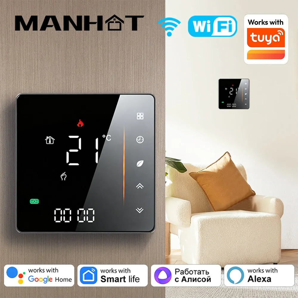 Manhot WIFI Smart Thermostat Room Temperature Controller of Water/Electric Floor Heating Gas Boiler Work with Tuya Alexa Google