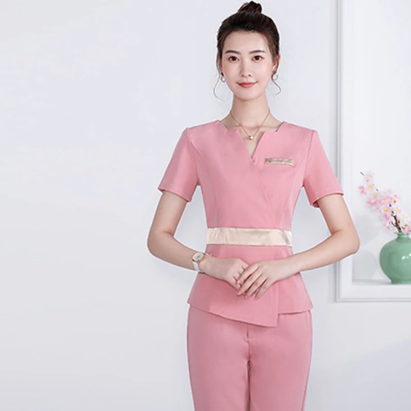 Beauty Salon Spa Uniform Waiter Beautician Massage Overalls Sauna Foot Bath Technician  Fashion Short Sleeve Suit